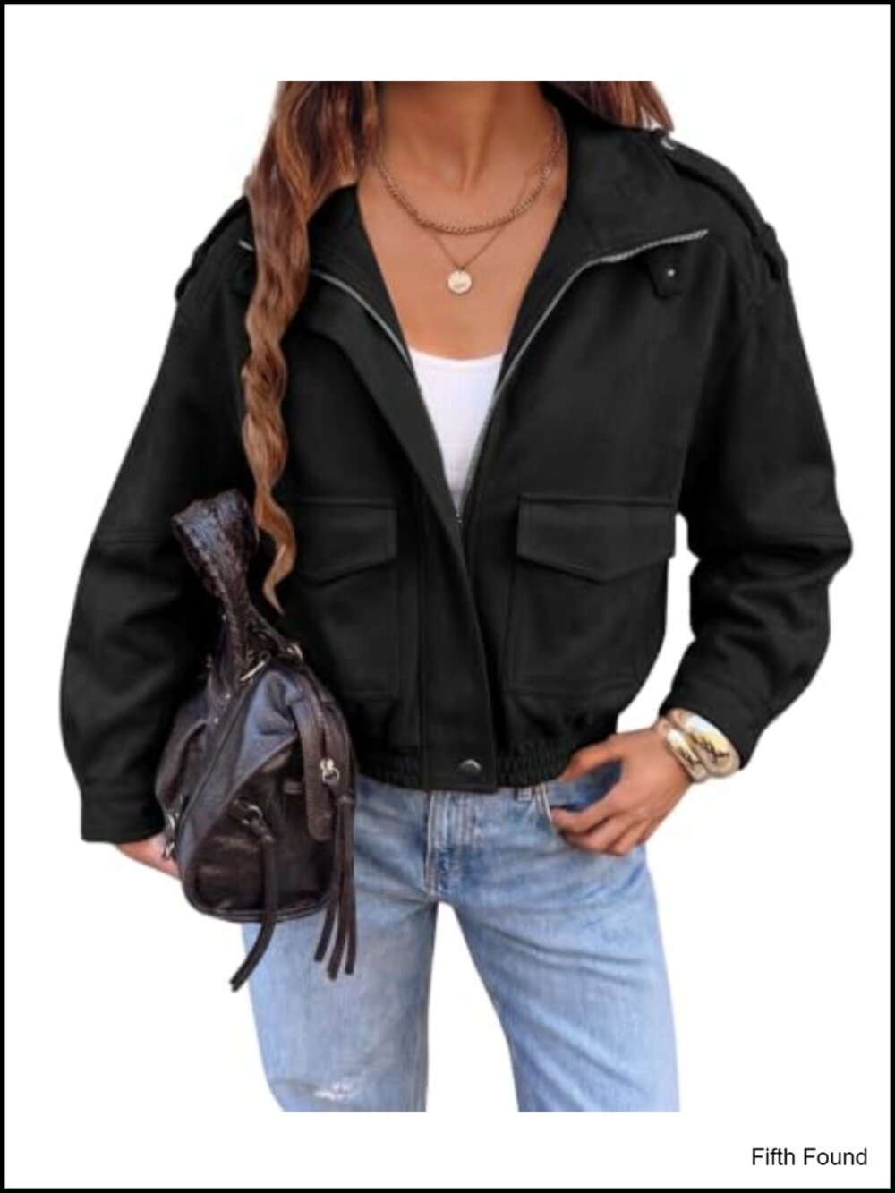 Faux Suede Cropped Bomber Jacket Women Button Zip Flap Pockets